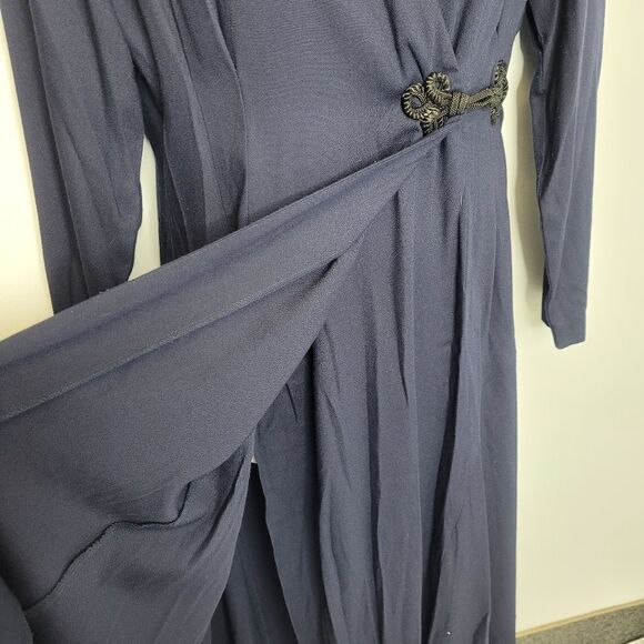 VINTAGE 80s dress navy blue chenille collar wrap maxi M - Picture 5 of 12